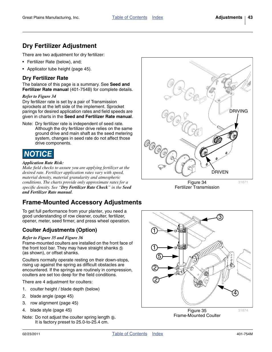 Dry fertilizer adjustment, Dry fertilizer rate, Frame-mounted accessory adjustments | Coulter adjustments (option) | Great Plains YP625PD Operator Manual User Manual | Page 47 / 126