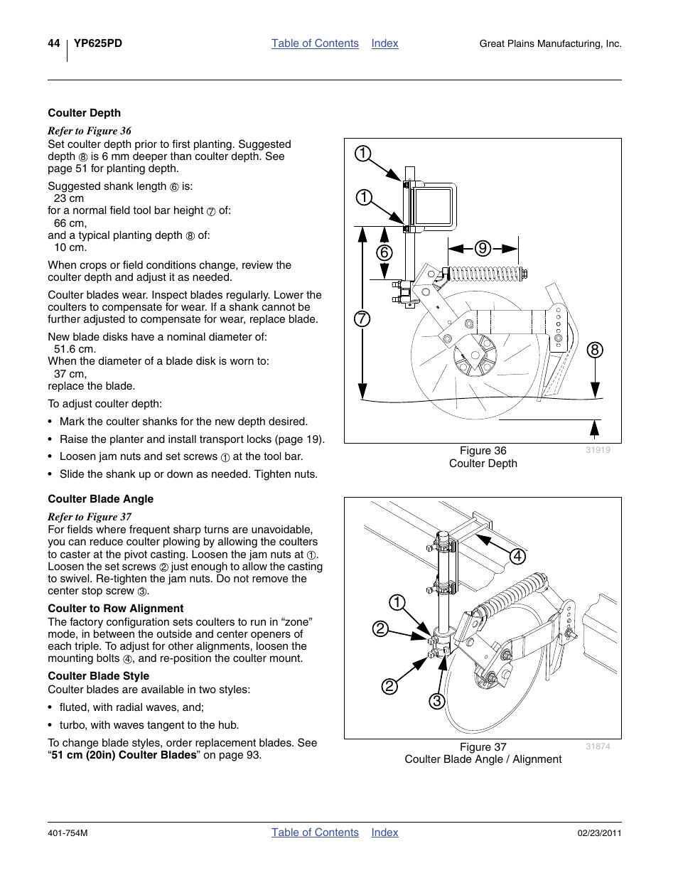 Coulter depth, Coulter blade angle, Coulter to row alignment | Coulter blade style | Great Plains YP625PD Operator Manual User Manual | Page 48 / 126