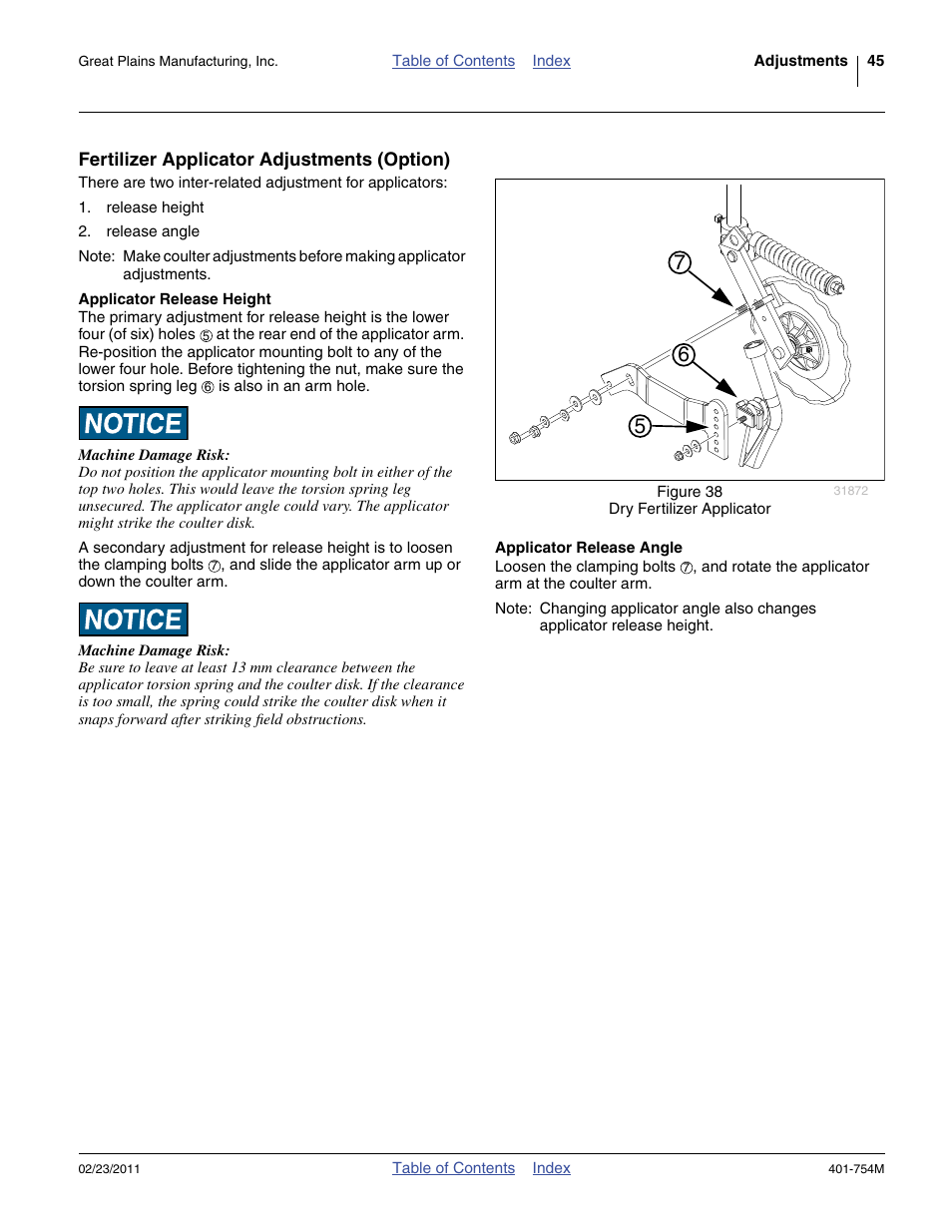 Fertilizer applicator adjustments (option), Applicator release height, Applicator release angle | Applicator release height applicator release angle | Great Plains YP625PD Operator Manual User Manual | Page 49 / 126