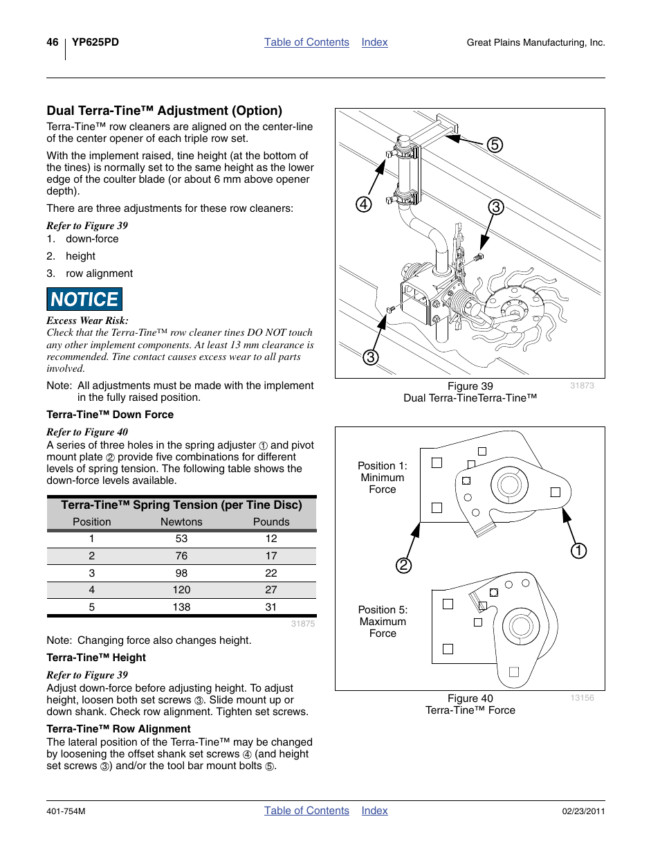 Dual terra-tine™ adjustment (option), Terra-tine™ down force, Terra-tine™ height | Terra-tine™ row alignment | Great Plains YP625PD Operator Manual User Manual | Page 50 / 126