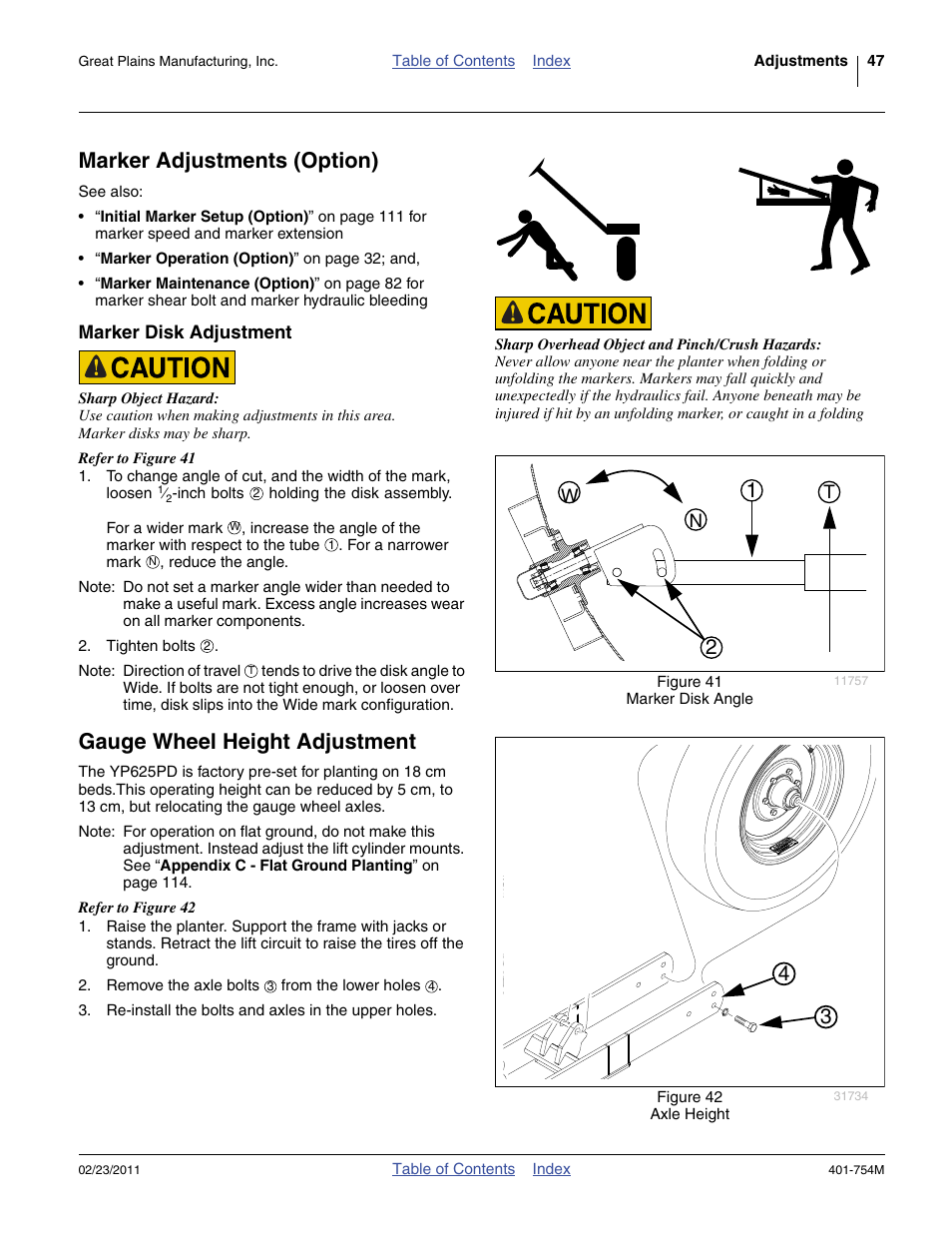 Marker adjustments (option), Marker disk adjustment, Gauge wheel height adjustment | Great Plains YP625PD Operator Manual User Manual | Page 51 / 126