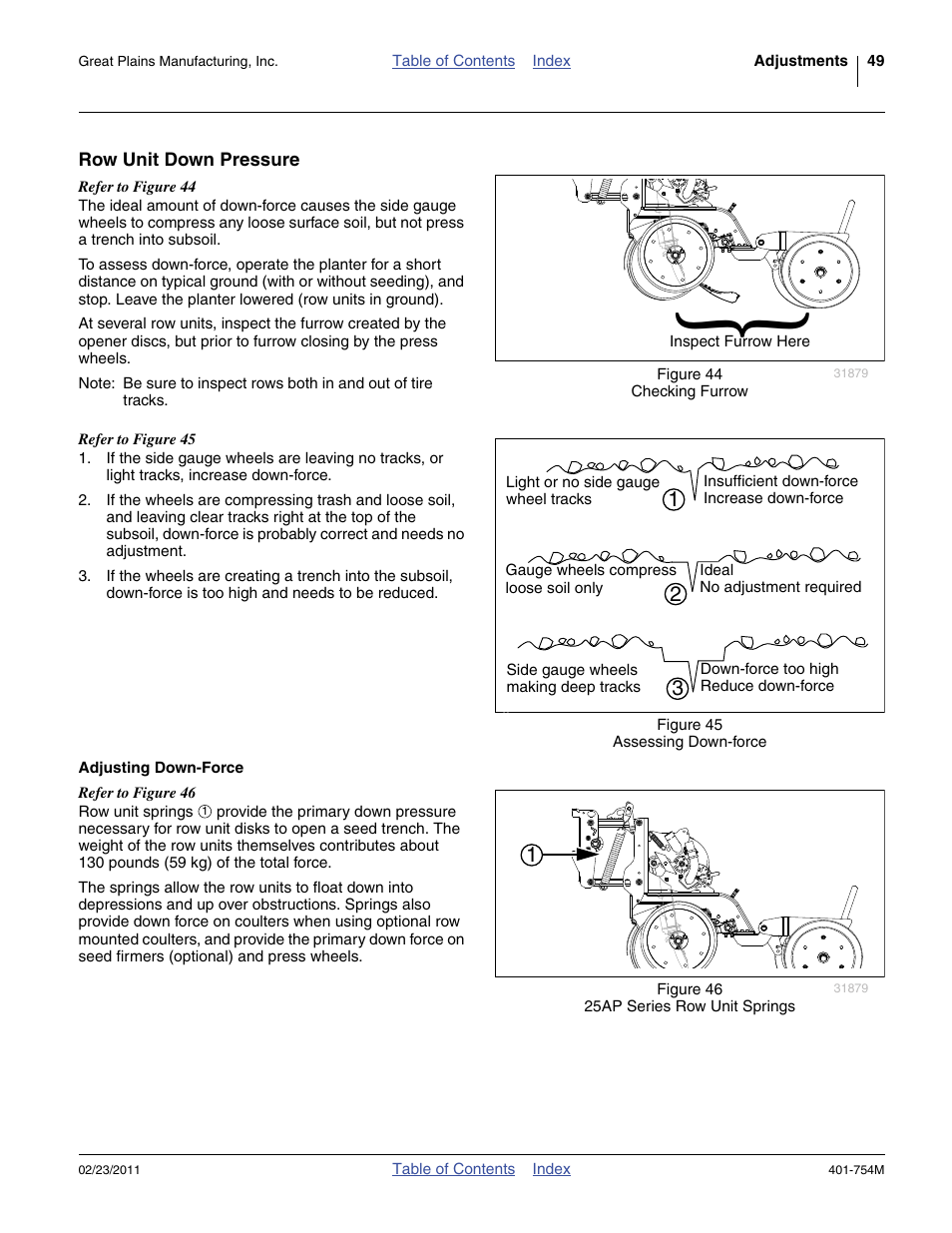 Row unit down pressure, Adjusting down-force | Great Plains YP625PD Operator Manual User Manual | Page 53 / 126