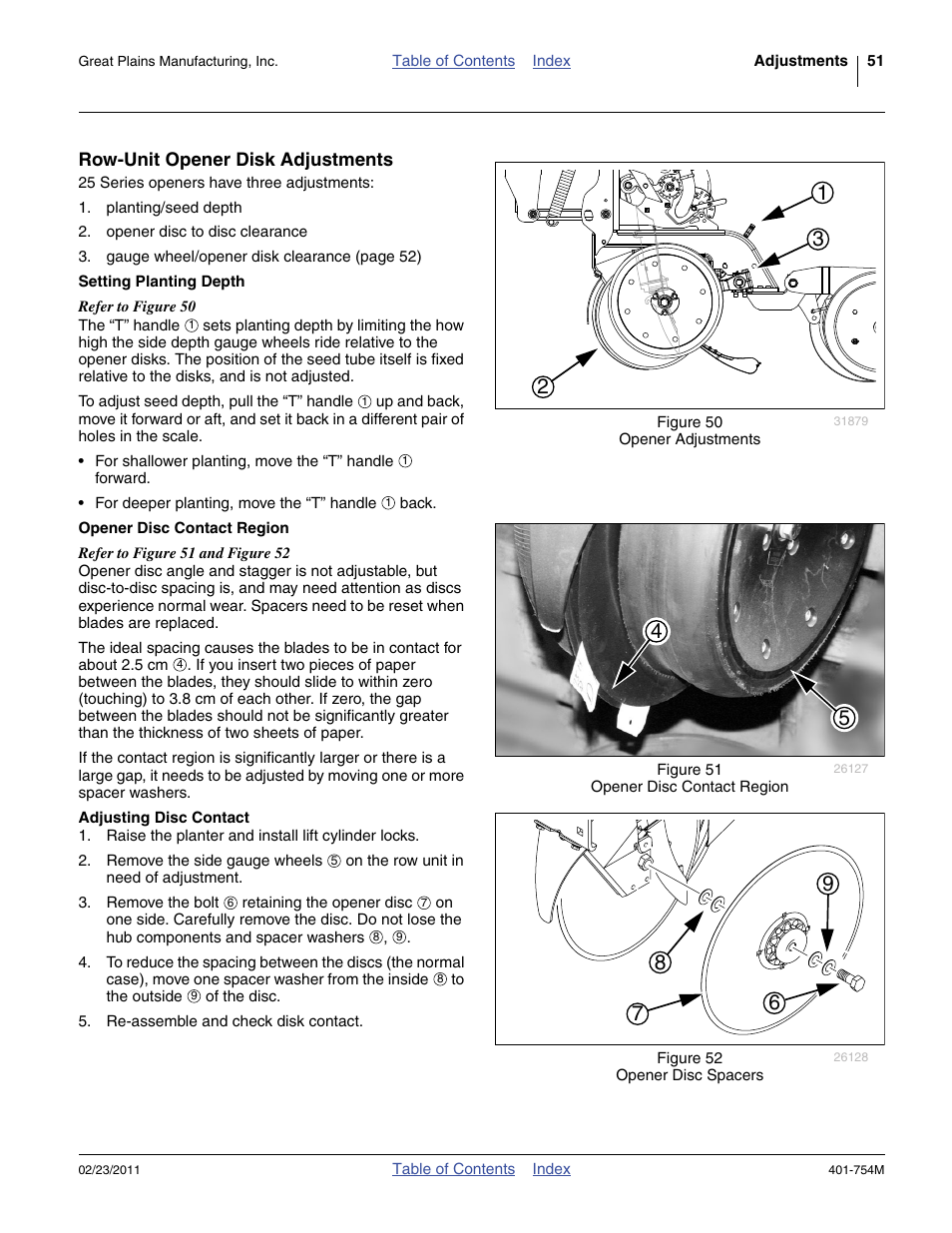 Row-unit opener disk adjustments, Setting planting depth, Opener disc contact region | Adjusting disc contact, Opener disc contact region adjusting disc contact | Great Plains YP625PD Operator Manual User Manual | Page 55 / 126