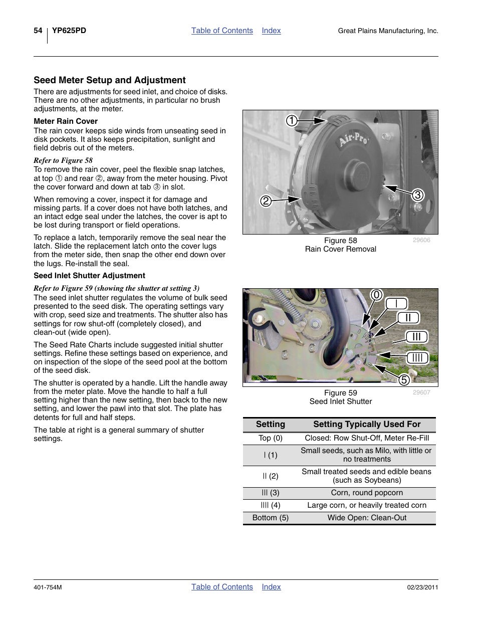 Seed meter setup and adjustment, Meter rain cover, Seed inlet shutter adjustment | Meter rain cover seed inlet shutter adjustment, 05 | ii iii | Great Plains YP625PD Operator Manual User Manual | Page 58 / 126