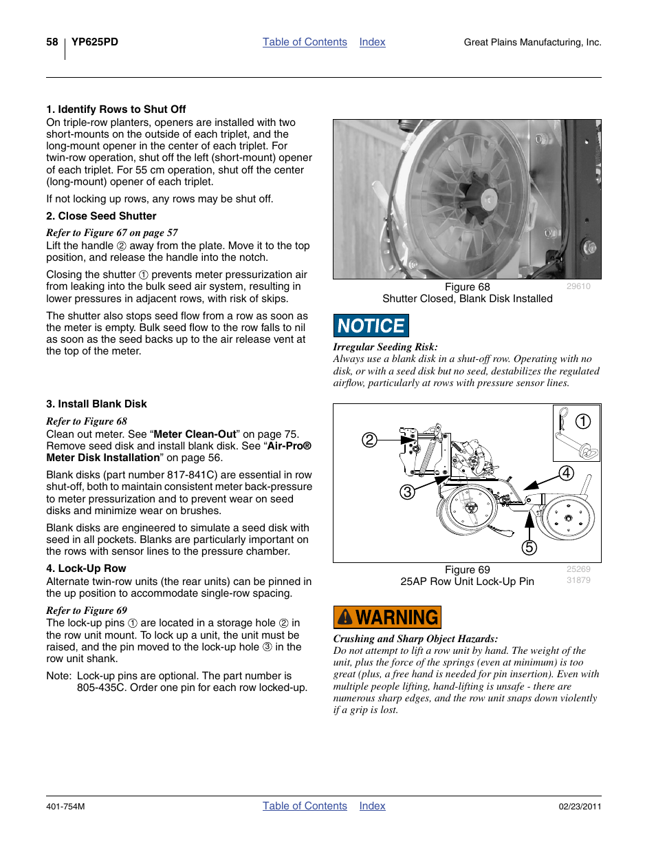 Identify rows to shut off, Close seed shutter, Install blank disk | Lock-up row | Great Plains YP625PD Operator Manual User Manual | Page 62 / 126