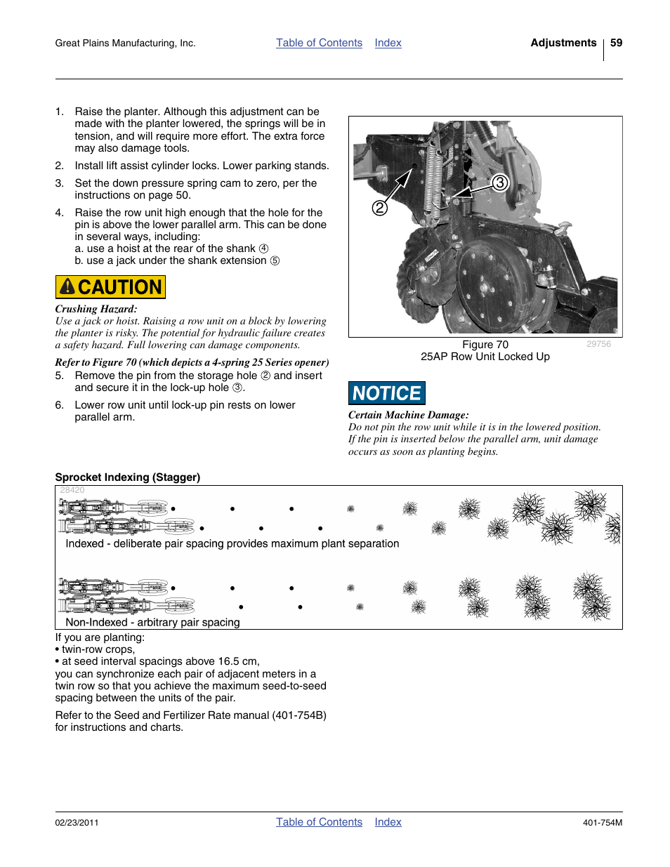 Sprocket indexing (stagger) | Great Plains YP625PD Operator Manual User Manual | Page 63 / 126