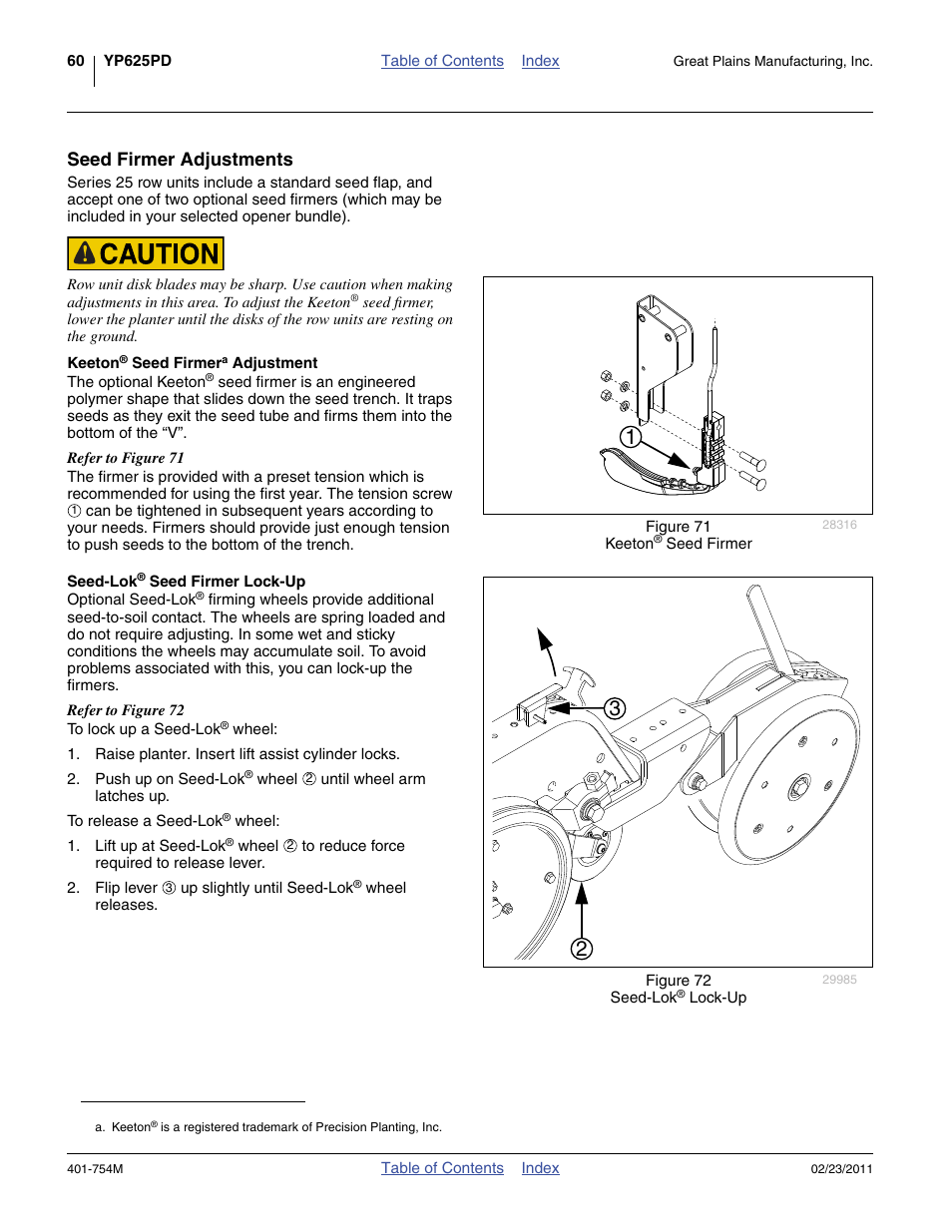 Seed firmer adjustments, Keeton® seed firmer adjustment, Seed-lok® seed firmer lock-up | Keeton, Seed-lok | Great Plains YP625PD Operator Manual User Manual | Page 64 / 126