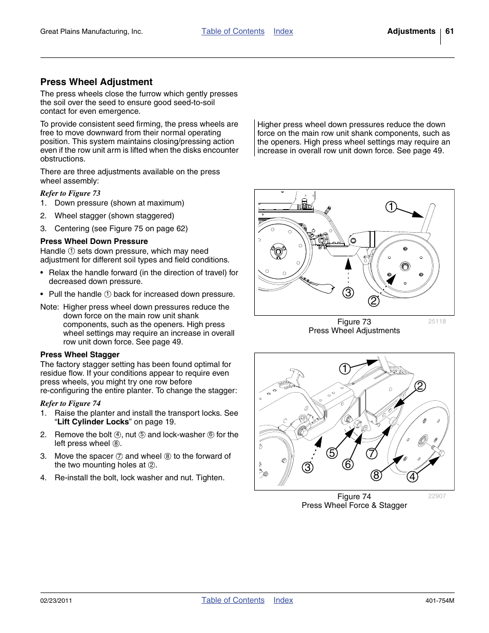 Press wheel adjustment, Press wheel down pressure, Press wheel stagger | Press wheel down pressure press wheel stagger | Great Plains YP625PD Operator Manual User Manual | Page 65 / 126