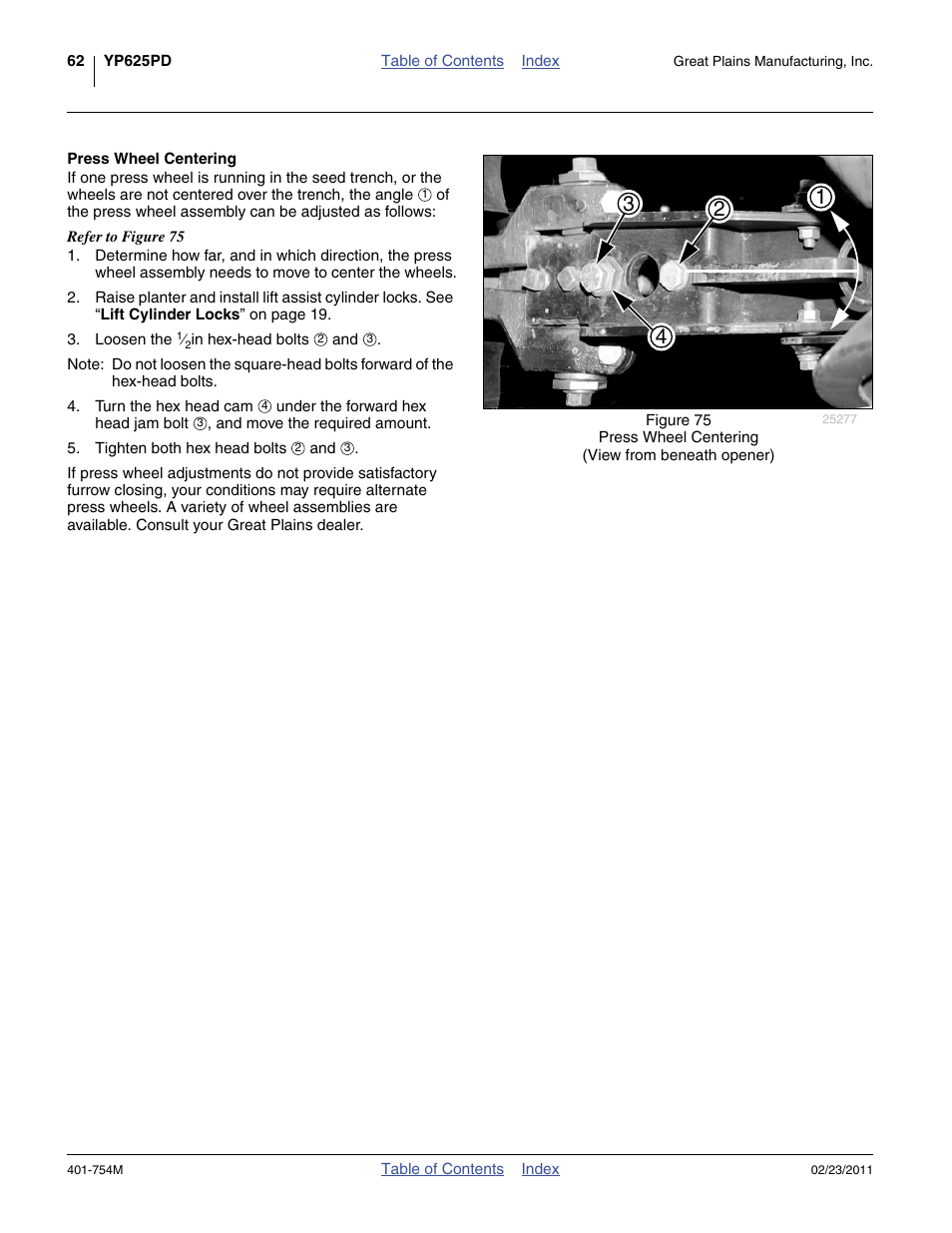 Press wheel centering | Great Plains YP625PD Operator Manual User Manual | Page 66 / 126