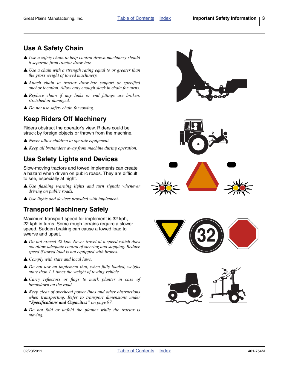 Use a safety chain, Keep riders off machinery, Use safety lights and devices | Transport machinery safely | Great Plains YP625PD Operator Manual User Manual | Page 7 / 126