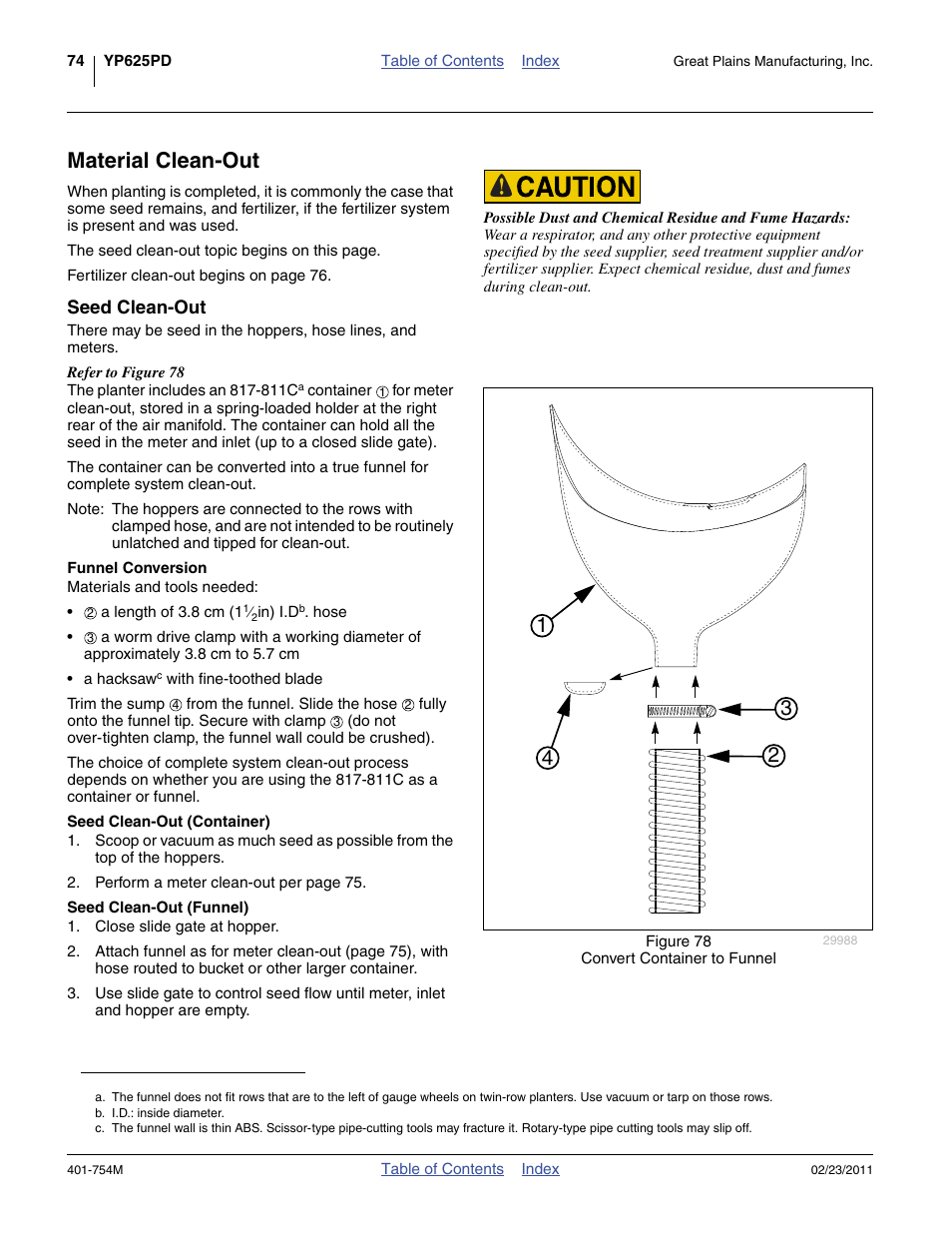 Material clean-out, Seed clean-out, Funnel conversion | Seed clean-out (container), Seed clean-out (funnel) | Great Plains YP625PD Operator Manual User Manual | Page 78 / 126