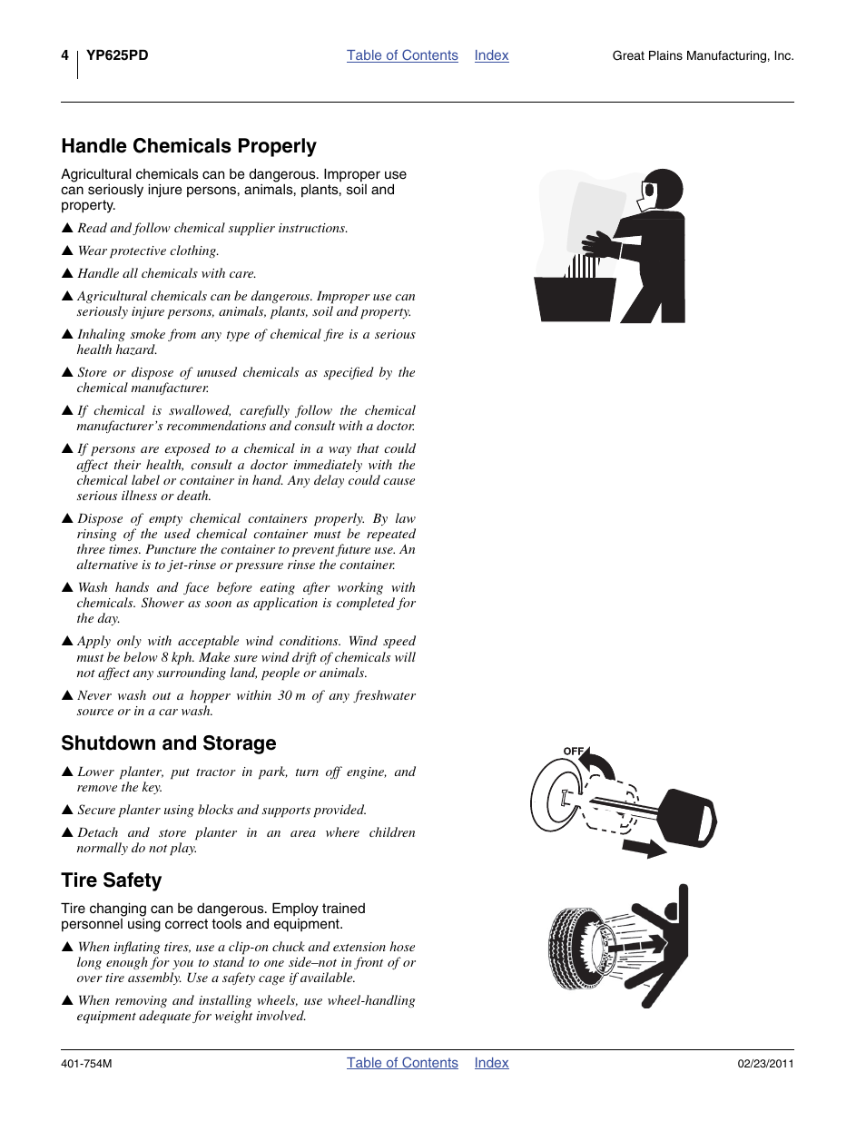 Handle chemicals properly, Shutdown and storage, Tire safety | Great Plains YP625PD Operator Manual User Manual | Page 8 / 126