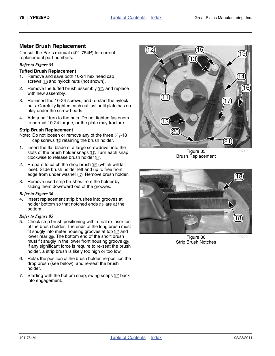 Meter brush replacement, Tufted brush replacement, Strip brush replacement | Great Plains YP625PD Operator Manual User Manual | Page 82 / 126