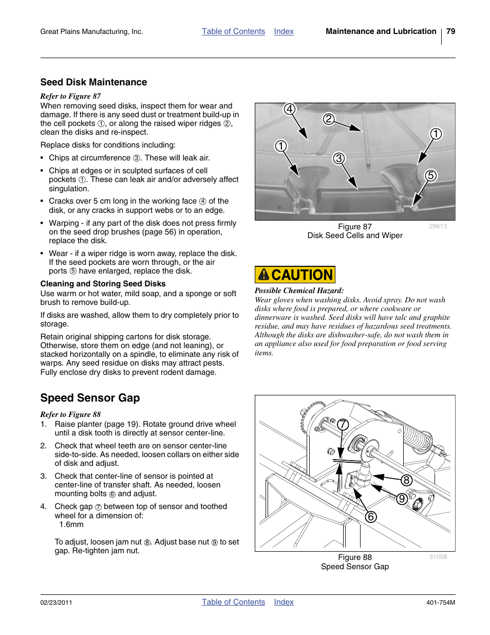 Seed disk maintenance, Cleaning and storing seed disks, Speed sensor gap | Great Plains YP625PD Operator Manual User Manual | Page 83 / 126