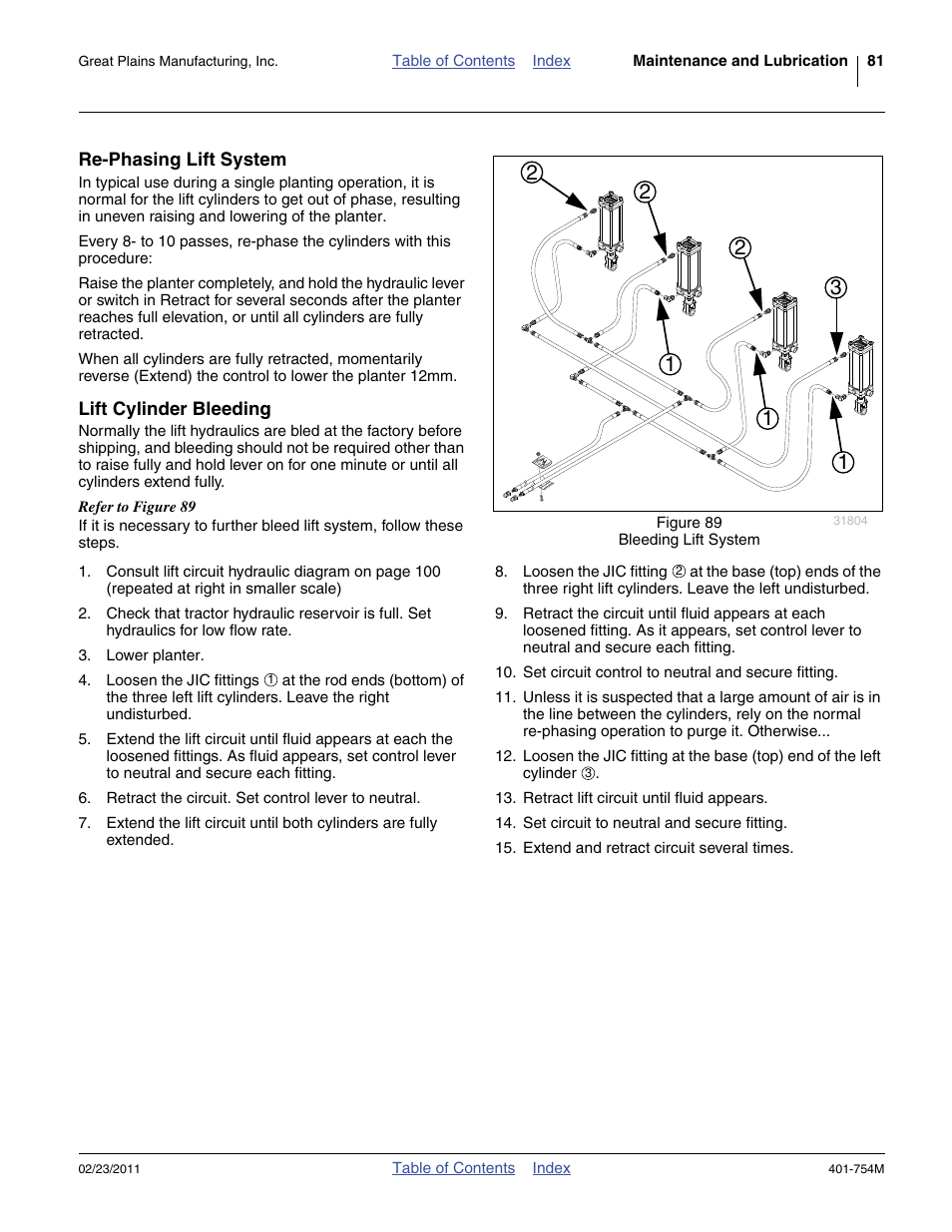 Re-phasing lift system, Lift cylinder bleeding, Re-phasing lift system lift cylinder bleeding | Great Plains YP625PD Operator Manual User Manual | Page 85 / 126