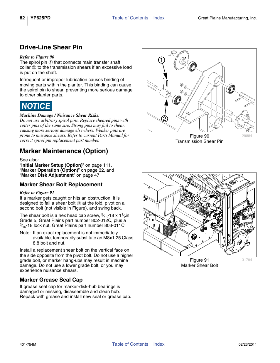 Drive-line shear pin, Marker maintenance (option), Marker shear bolt replacement | Marker grease seal cap, Drive-line shear pin marker maintenance (option), Led. see “ marker | Great Plains YP625PD Operator Manual User Manual | Page 86 / 126