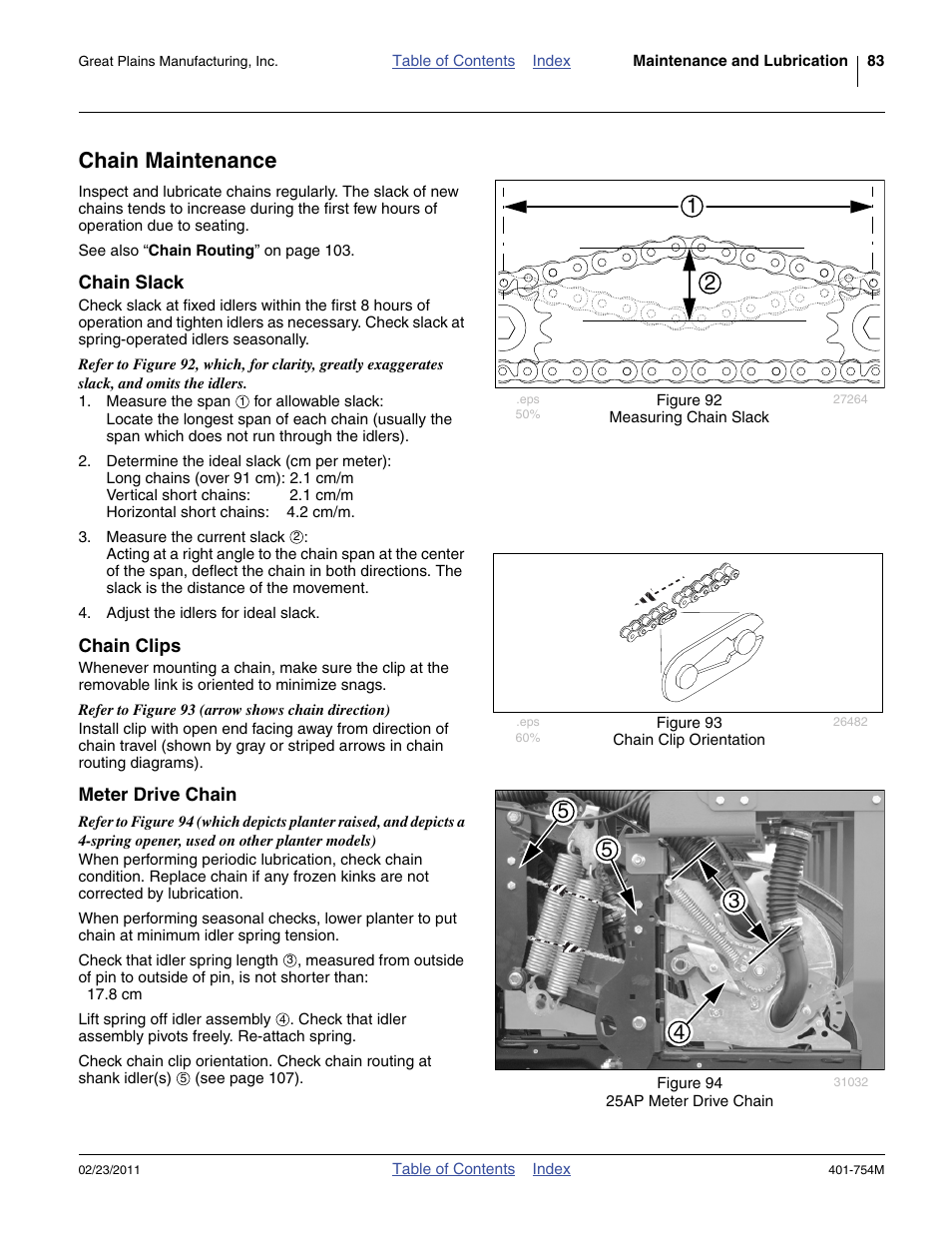 Chain maintenance, Chain slack, Chain clips | Meter drive chain | Great Plains YP625PD Operator Manual User Manual | Page 87 / 126