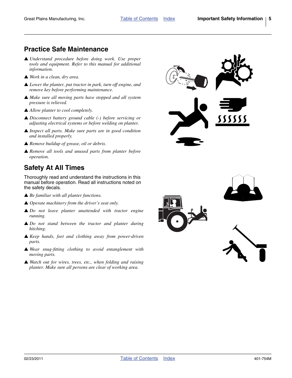 Practice safe maintenance, Safety at all times | Great Plains YP625PD Operator Manual User Manual | Page 9 / 126