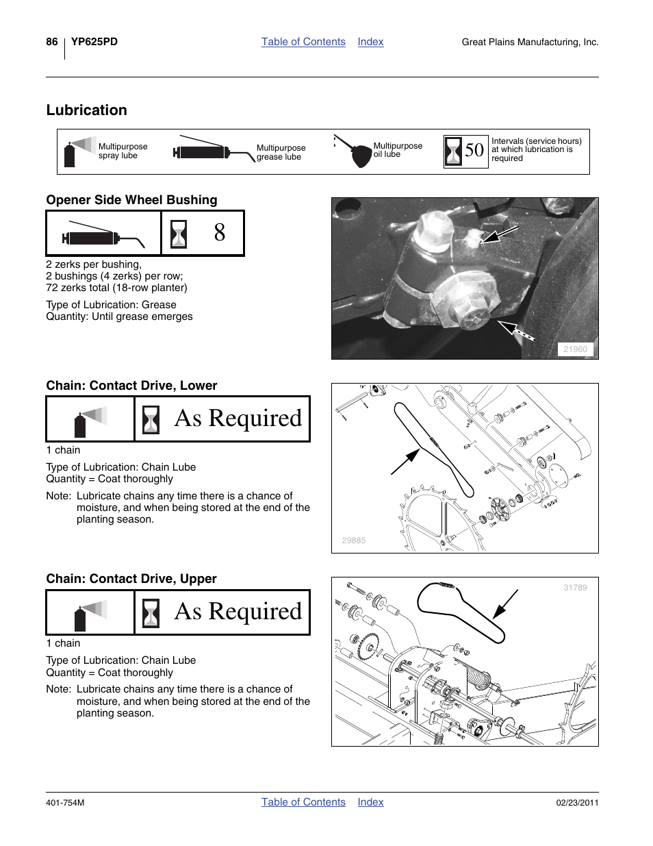 Lubrication, Opener side wheel bushing, Chain: contact drive, lower | Chain: contact drive, upper, Icate planter as indicated under “ lubrication, As required | Great Plains YP625PD Operator Manual User Manual | Page 90 / 126