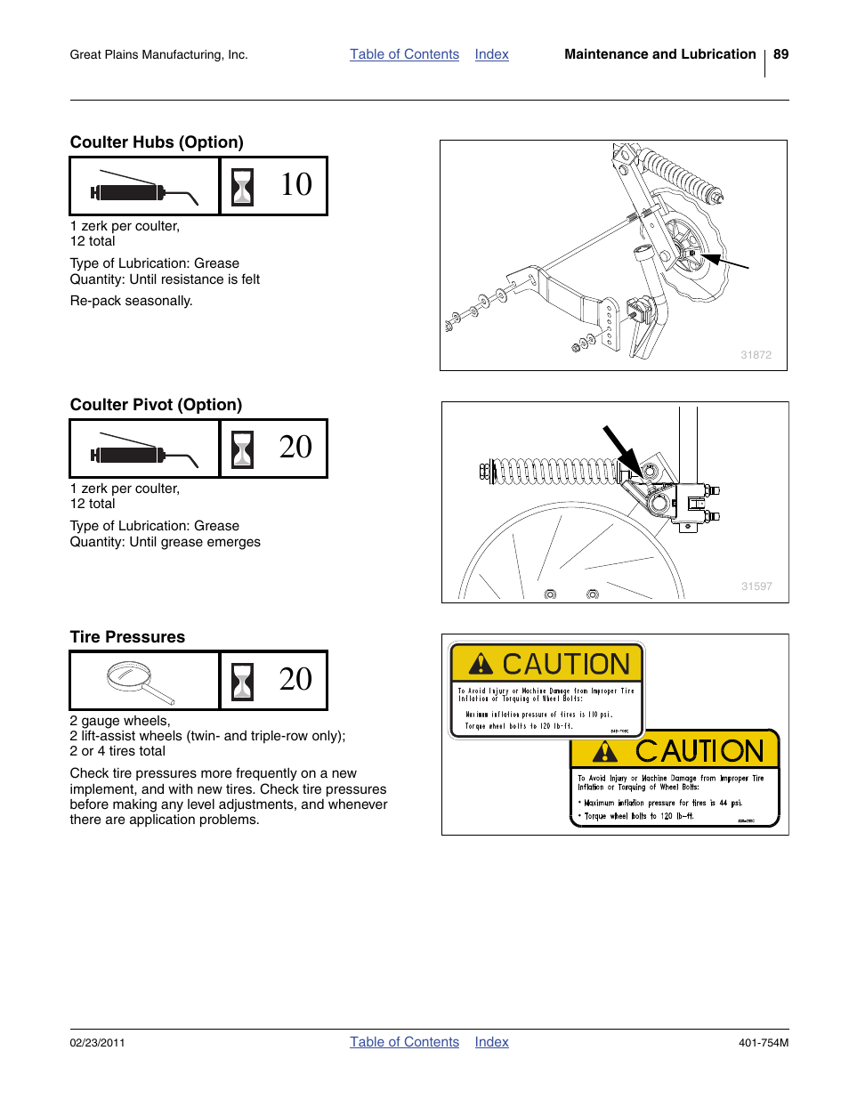 Coulter hubs (option), Coulter pivot (option), Tire pressures | Great Plains YP625PD Operator Manual User Manual | Page 93 / 126