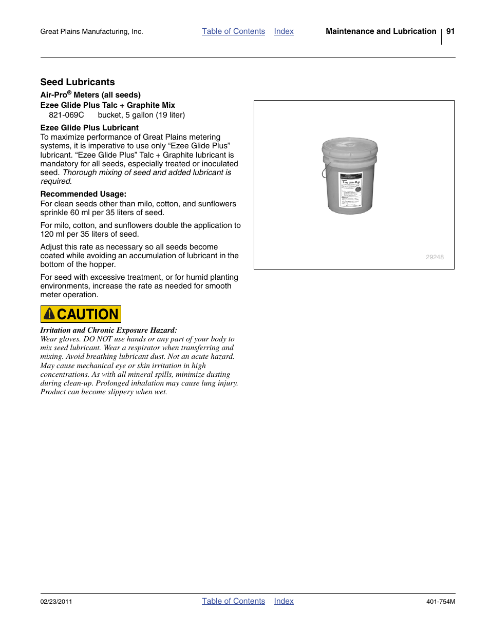 Seed lubricants, Air-pro® meters (all seeds), Ezee glide plus talc + graphite mix | Ezee glide plus lubricant | Great Plains YP625PD Operator Manual User Manual | Page 95 / 126