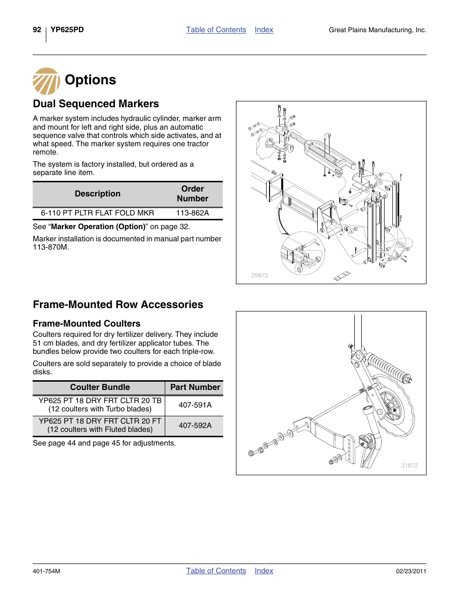 Options, Dual sequenced markers, Frame-mounted row accessories | Frame-mounted coulters | Great Plains YP625PD Operator Manual User Manual | Page 96 / 126