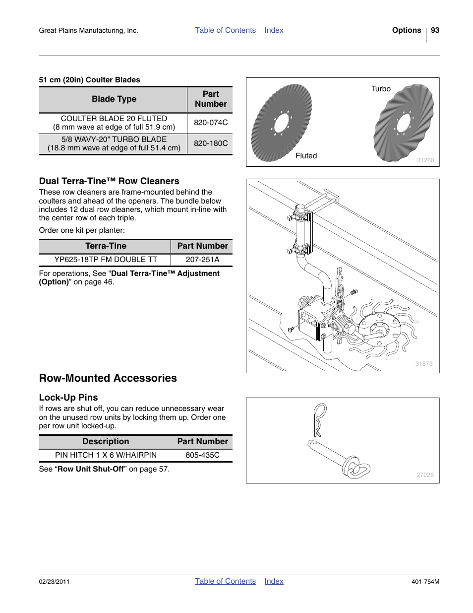 51 cm (20in) coulter blades, Dual terra-tine™ row cleaners, Row-mounted accessories | Lock-up pins, 435c | Great Plains YP625PD Operator Manual User Manual | Page 97 / 126