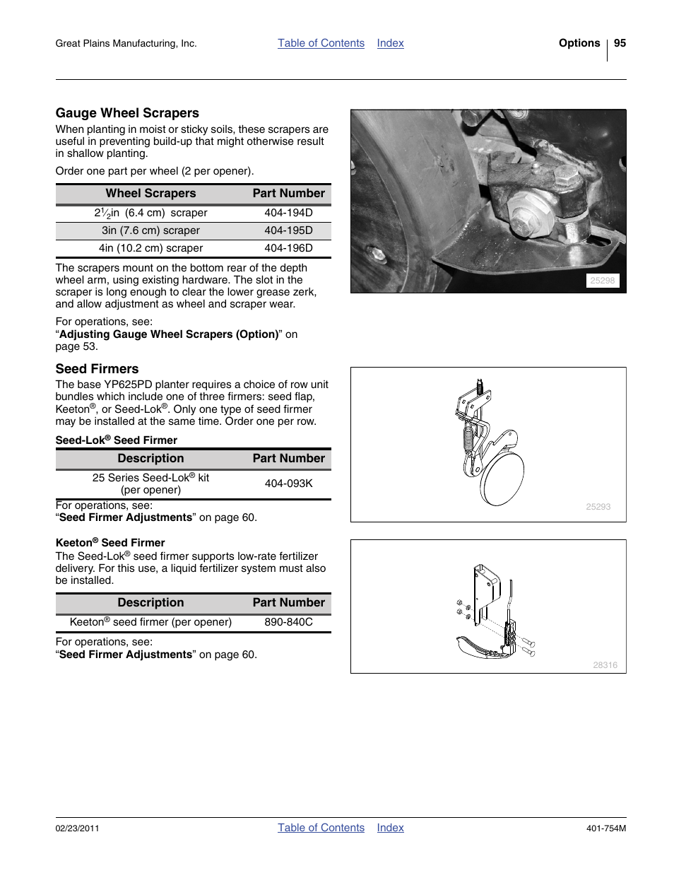 Gauge wheel scrapers, Seed firmers, Seed-lok® seed firmer | Keeton® seed firmer | Great Plains YP625PD Operator Manual User Manual | Page 99 / 126