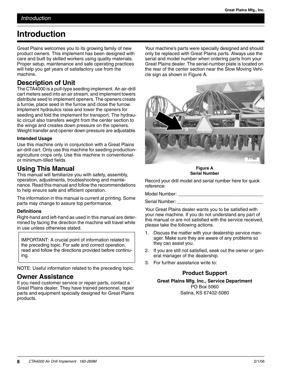 Introduction, Description of unit, Intended usage | Using this manual, Definitions, Owner assistance | Great Plains CTA4000 Operator Manual User Manual | Page 10 / 35