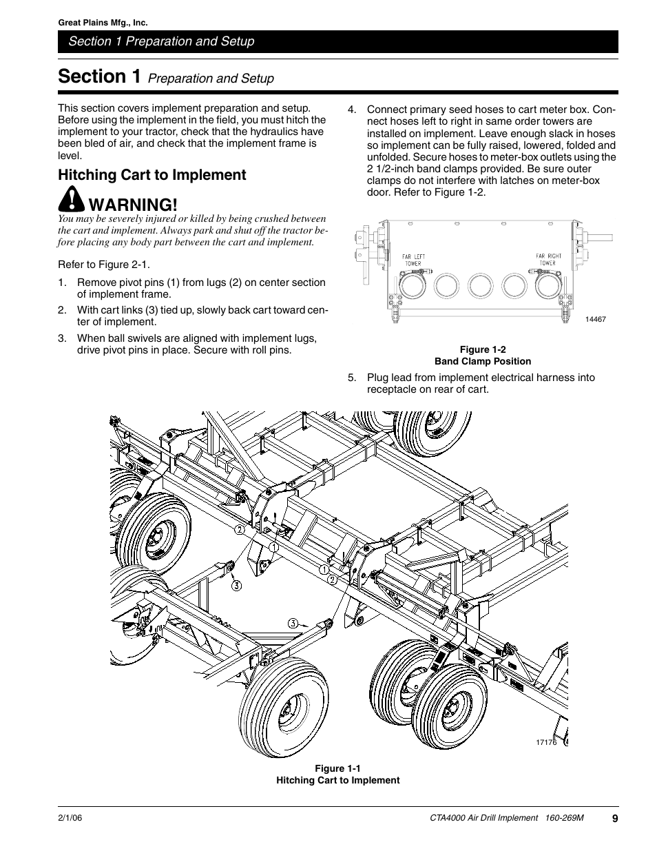 Section 1 preparation and setup, Hitching cart to implement, Warning | Great Plains CTA4000 Operator Manual User Manual | Page 11 / 35