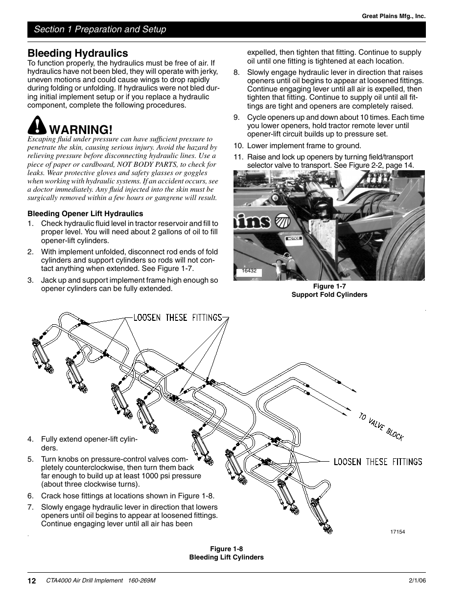 Bleeding hydraulics, Bleeding opener lift hydraulics, Warning | Great Plains CTA4000 Operator Manual User Manual | Page 14 / 35