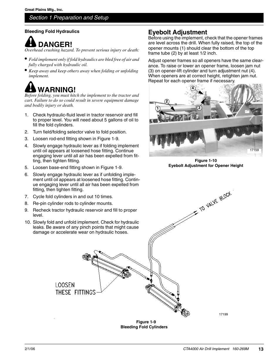 Bleeding fold hydraulics, Eyebolt adjustment, Danger | Warning | Great Plains CTA4000 Operator Manual User Manual | Page 15 / 35