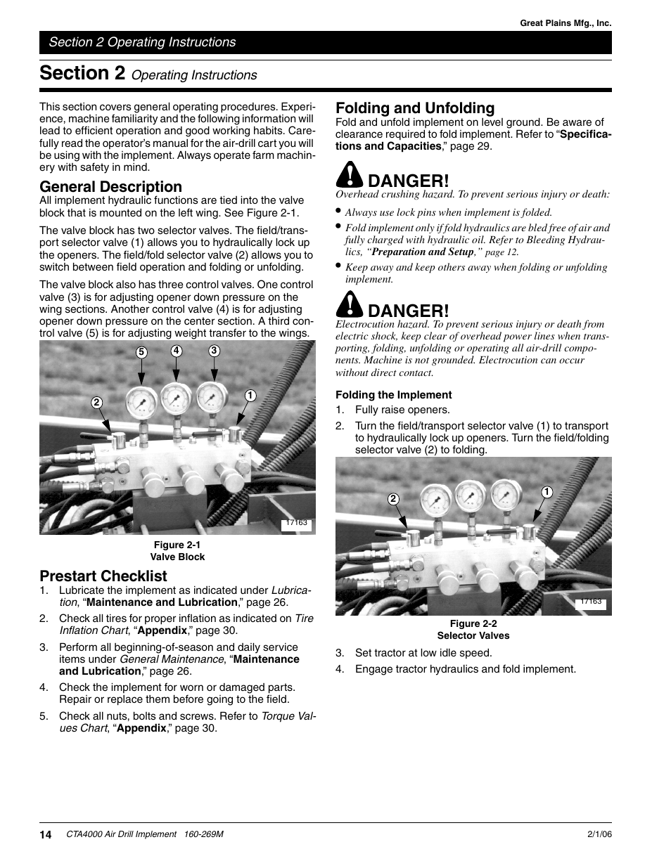 Section 2 operating instructions, Folding the implement, Danger | General description, Prestart checklist, Folding and unfolding | Great Plains CTA4000 Operator Manual User Manual | Page 16 / 35