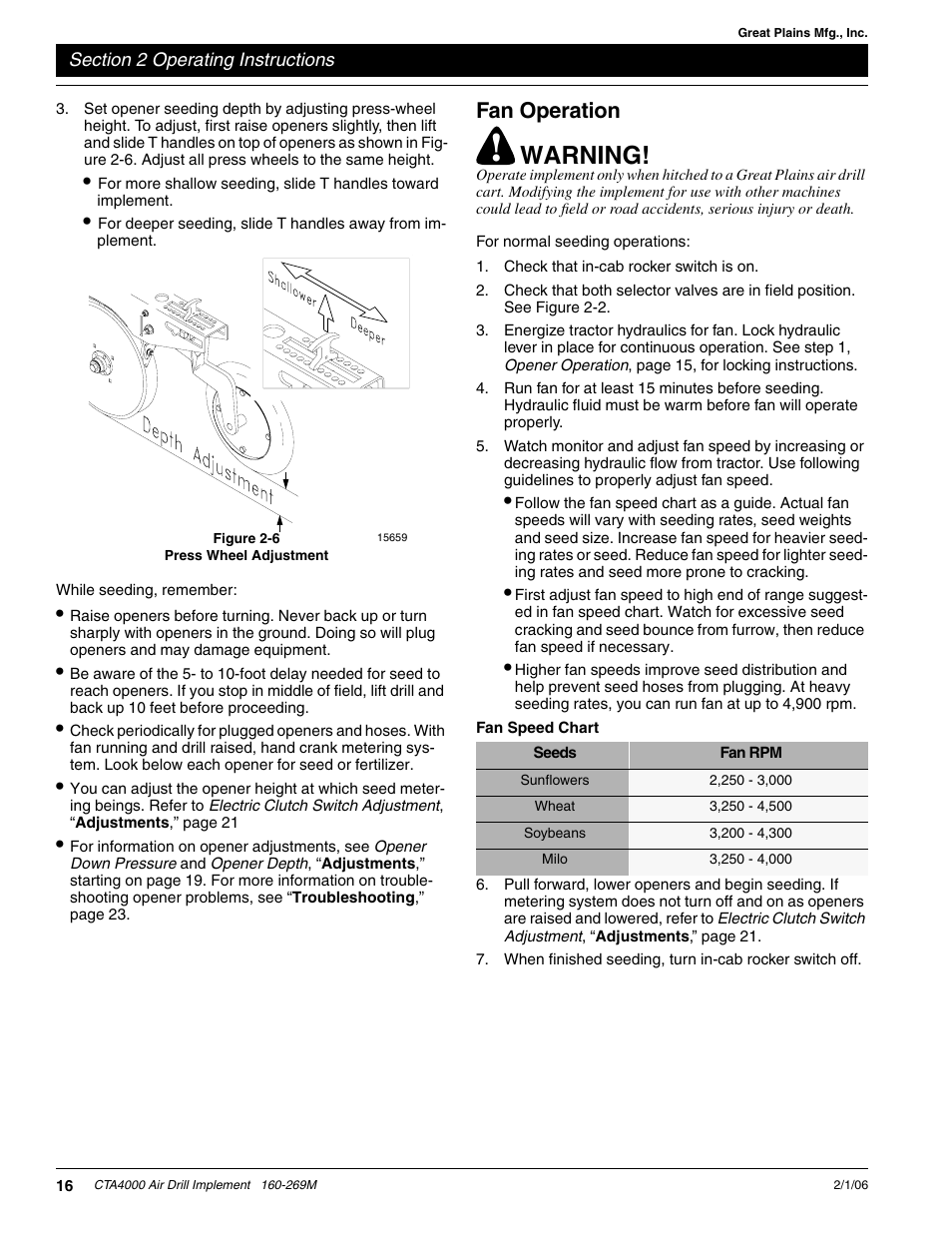 Fan operation, Fan speed chart, Warning | Great Plains CTA4000 Operator Manual User Manual | Page 18 / 35