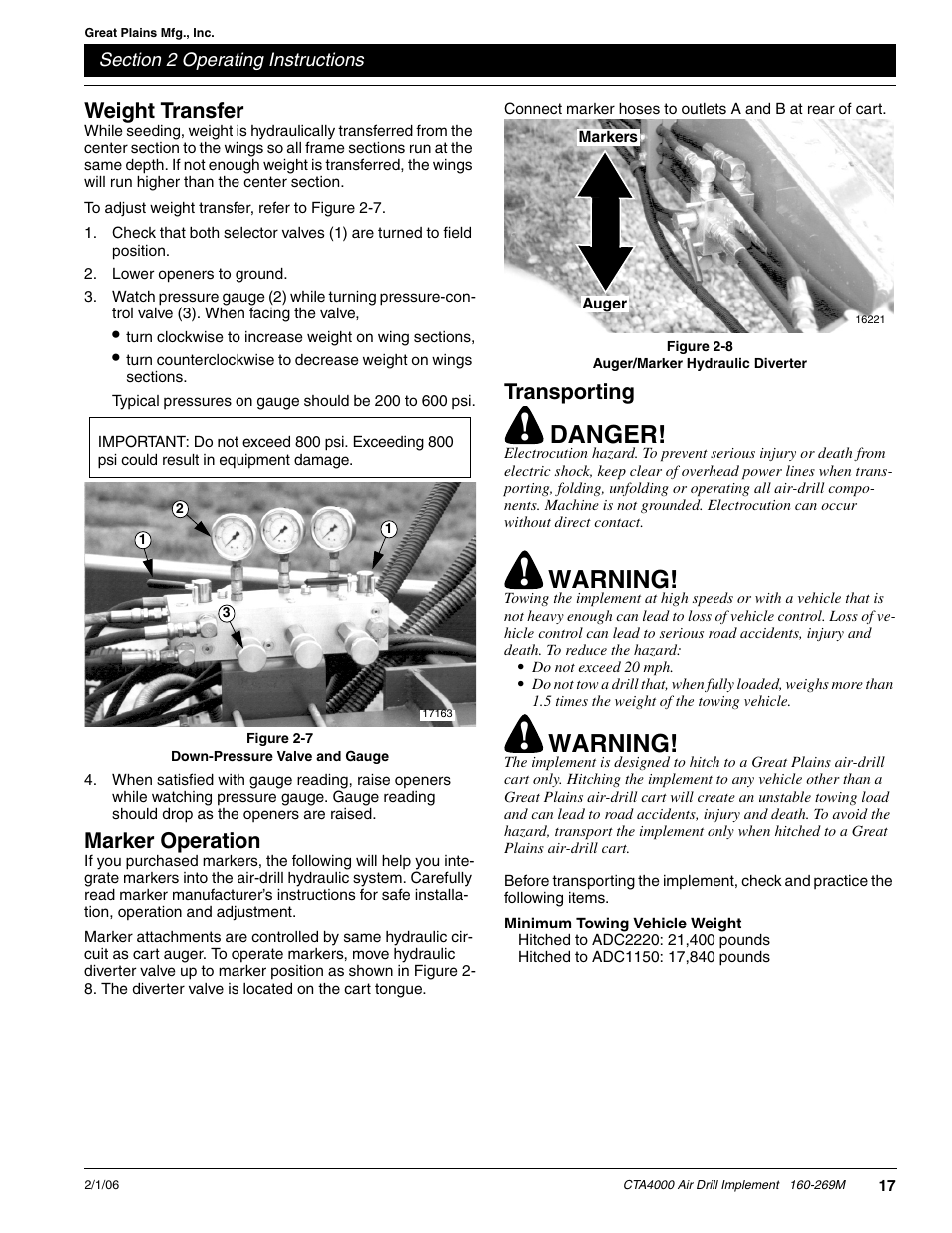 Weight transfer marker operation transporting, Danger, Warning | Weight transfer, Marker operation, Transporting | Great Plains CTA4000 Operator Manual User Manual | Page 19 / 35
