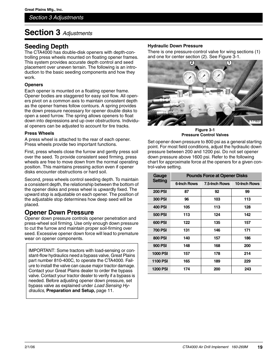 Section 3 adjustments, Seeding depth, Openers | Press wheels, Opener down pressure, Hydraulic down pressure, Adjustments | Great Plains CTA4000 Operator Manual User Manual | Page 21 / 35