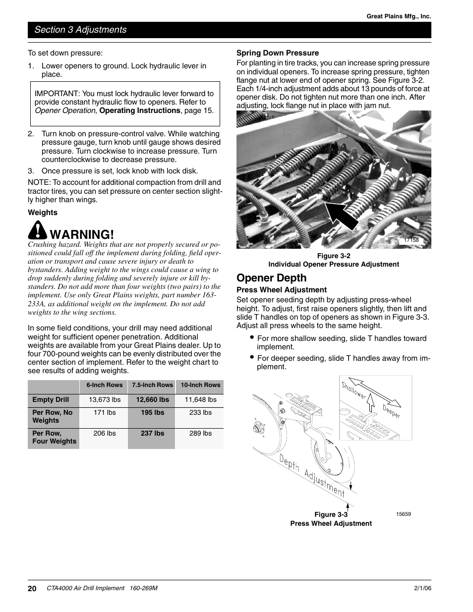 Weights spring down pressure, Opener depth, Press wheel adjustment | Warning | Great Plains CTA4000 Operator Manual User Manual | Page 22 / 35