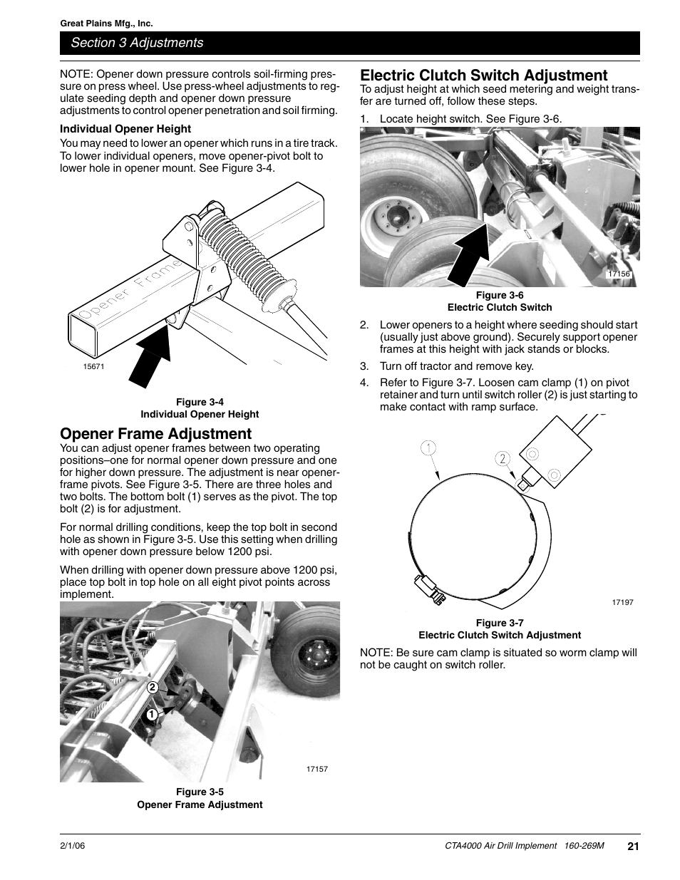Individual opener height, Opener frame adjustment, Electric clutch switch adjustment | Great Plains CTA4000 Operator Manual User Manual | Page 23 / 35