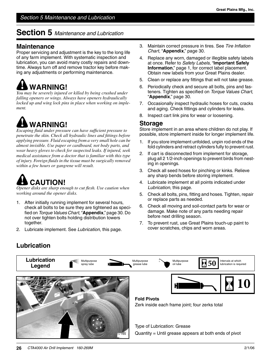 Section 5 maintenance and lubrication, Maintenance storage lubrication, Fold pivots | Warning, Caution, Maintenance, Storage, Lubrication | Great Plains CTA4000 Operator Manual User Manual | Page 28 / 35