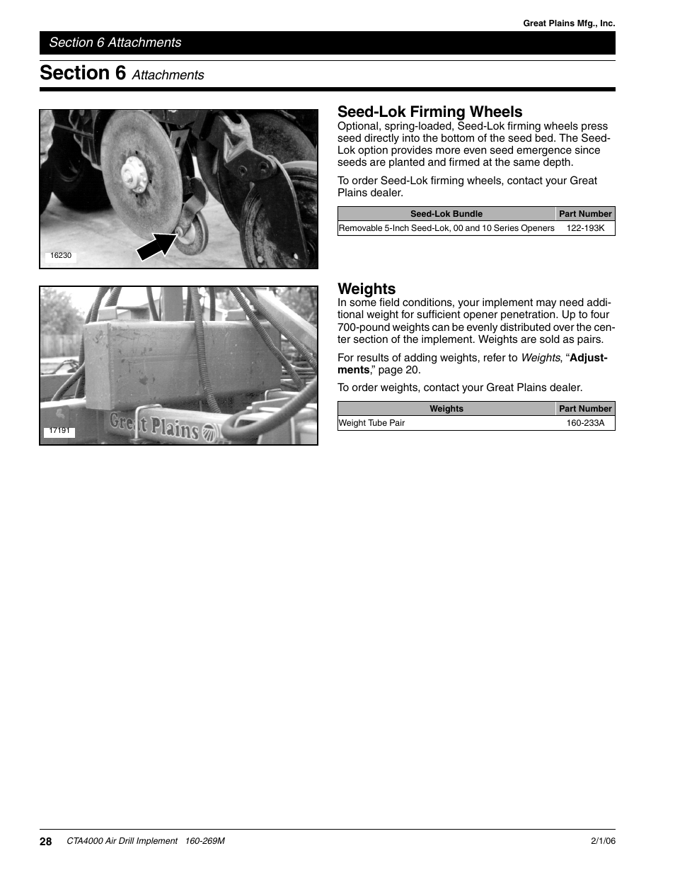 Section 6 attachments, Seed-lok firming wheels weights, Seed-lok firming wheels | Weights, Attachments | Great Plains CTA4000 Operator Manual User Manual | Page 30 / 35