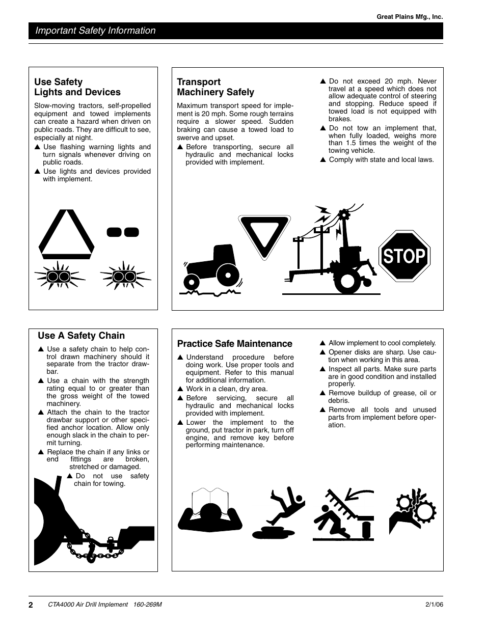 Important safety information, Transport machinery safely, Use safety lights and devices | Practice safe maintenance, Use a safety chain | Great Plains CTA4000 Operator Manual User Manual | Page 4 / 35