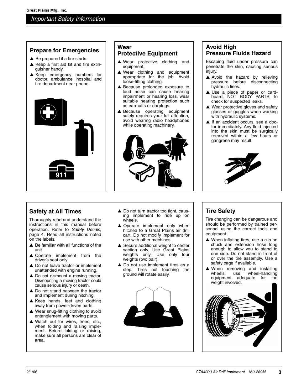 Important safety information, Prepare for emergencies, Tire safety | Wear protective equipment, Avoid high pressure fluids hazard, Safety at all times | Great Plains CTA4000 Operator Manual User Manual | Page 5 / 35
