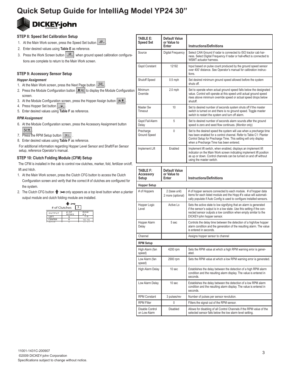 Quick setup guide for intelliag model yp24 30, Step 8: speed set calibration setup, 3step 10: clutch folding module (cfm) setup | Step 9: accessory sensor setup | Great Plains YP2425-2430 24 Row 30 Inch Quick Start User Manual | Page 3 / 5
