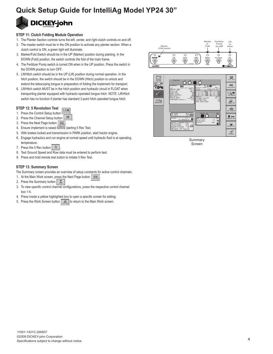 Quick setup guide for intelliag model yp24 30, Step 12: 5 revolution test, Step 11: clutch folding module operation | 4step 13: summary screen | Great Plains YP2425-2430 24 Row 30 Inch Quick Start User Manual | Page 4 / 5