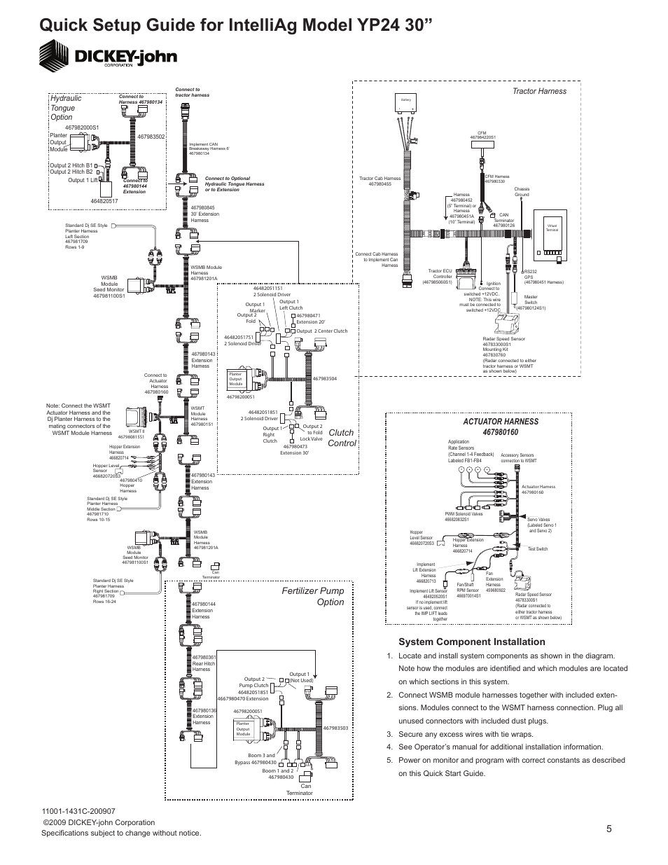 Quick setup guide for intelliag model yp24 30, System component installation, Fertilizer pump option | Clutch control, Tractor harness, Hydraulic tongue option | Great Plains YP2425-2430 24 Row 30 Inch Quick Start User Manual | Page 5 / 5