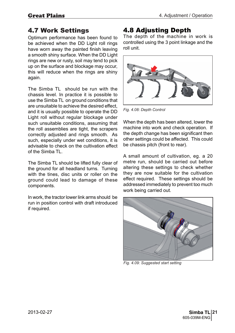 8 adjusting depth, 7 work settings | Great Plains TL350 Operator Manual User Manual | Page 21 / 32