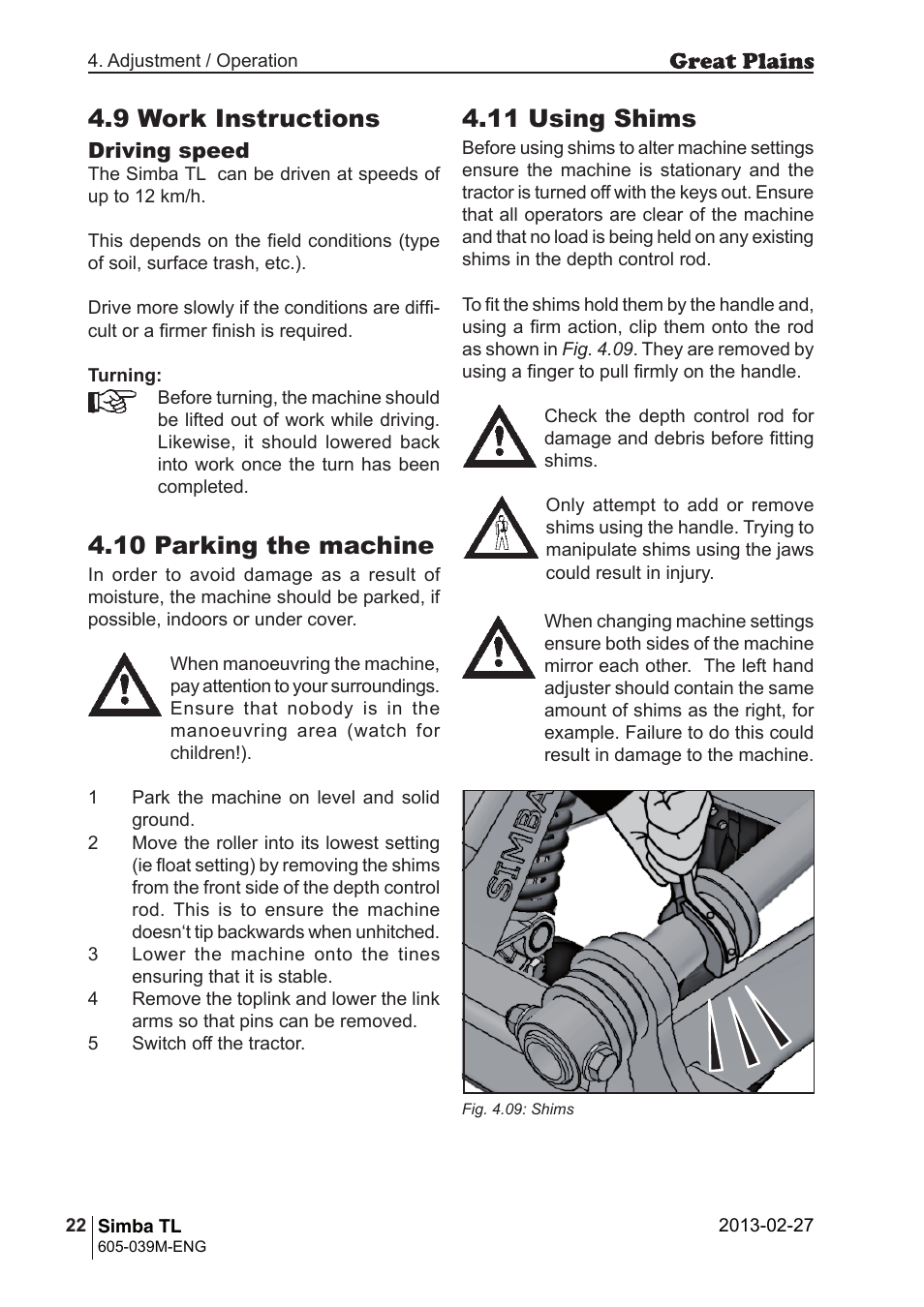 9 work instructions, 10 parking the machine, 11 using shims | Great Plains TL350 Operator Manual User Manual | Page 22 / 32