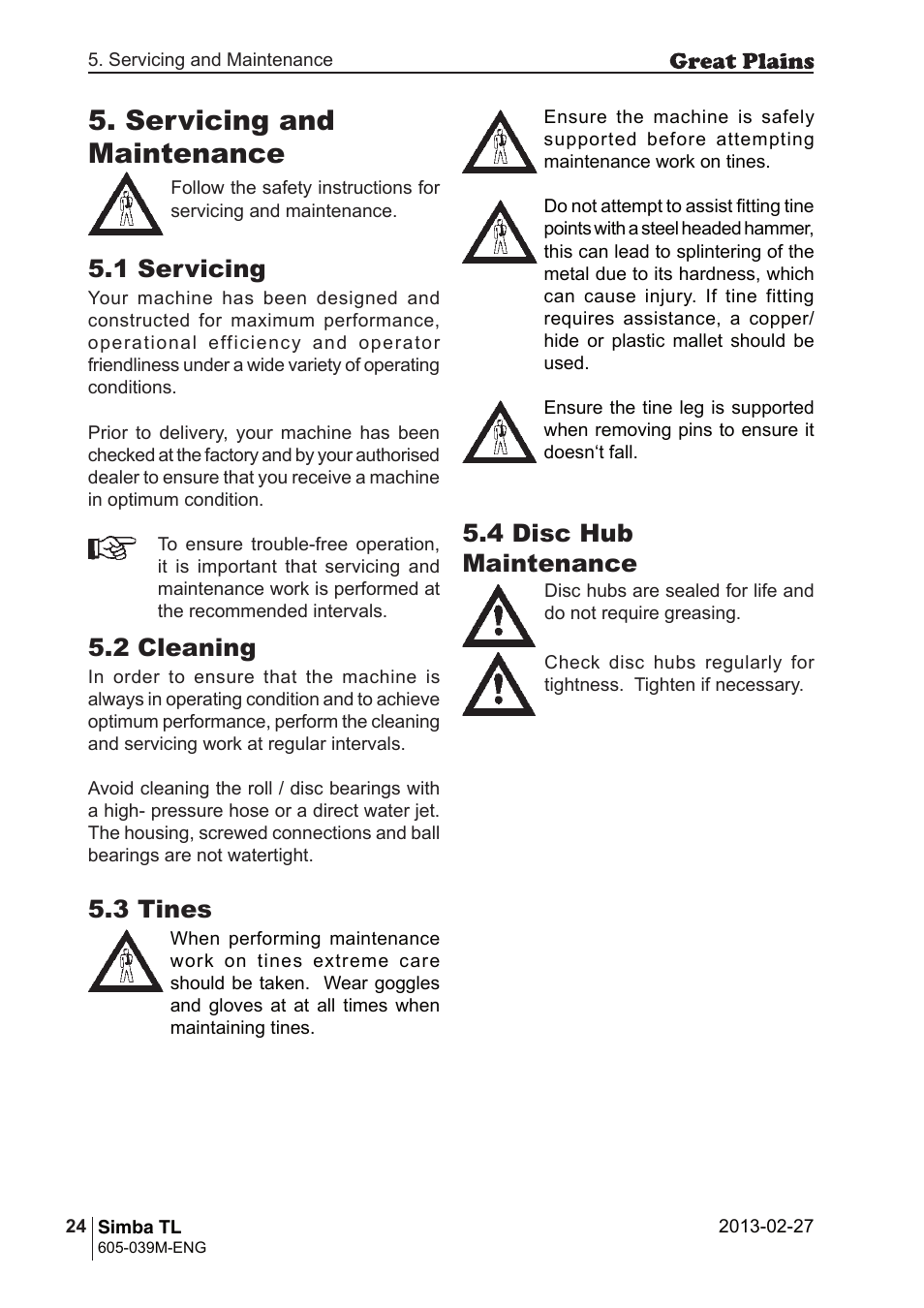 Servicing and maintenance, 1 servicing, 2 cleaning | 4 disc hub maintenance, 3 tines | Great Plains TL350 Operator Manual User Manual | Page 24 / 32