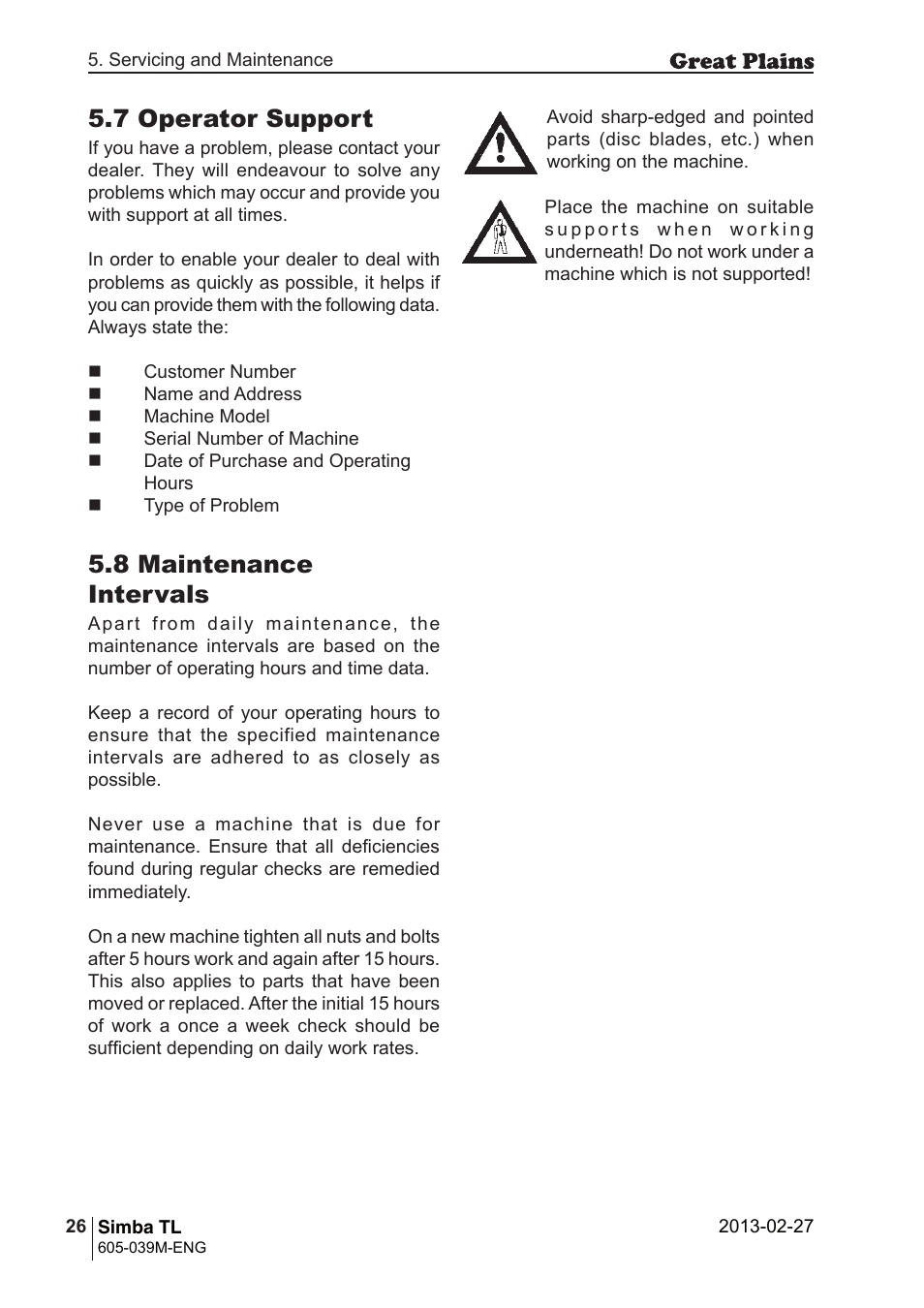 7 operator support, 8 maintenance intervals | Great Plains TL350 Operator Manual User Manual | Page 26 / 32