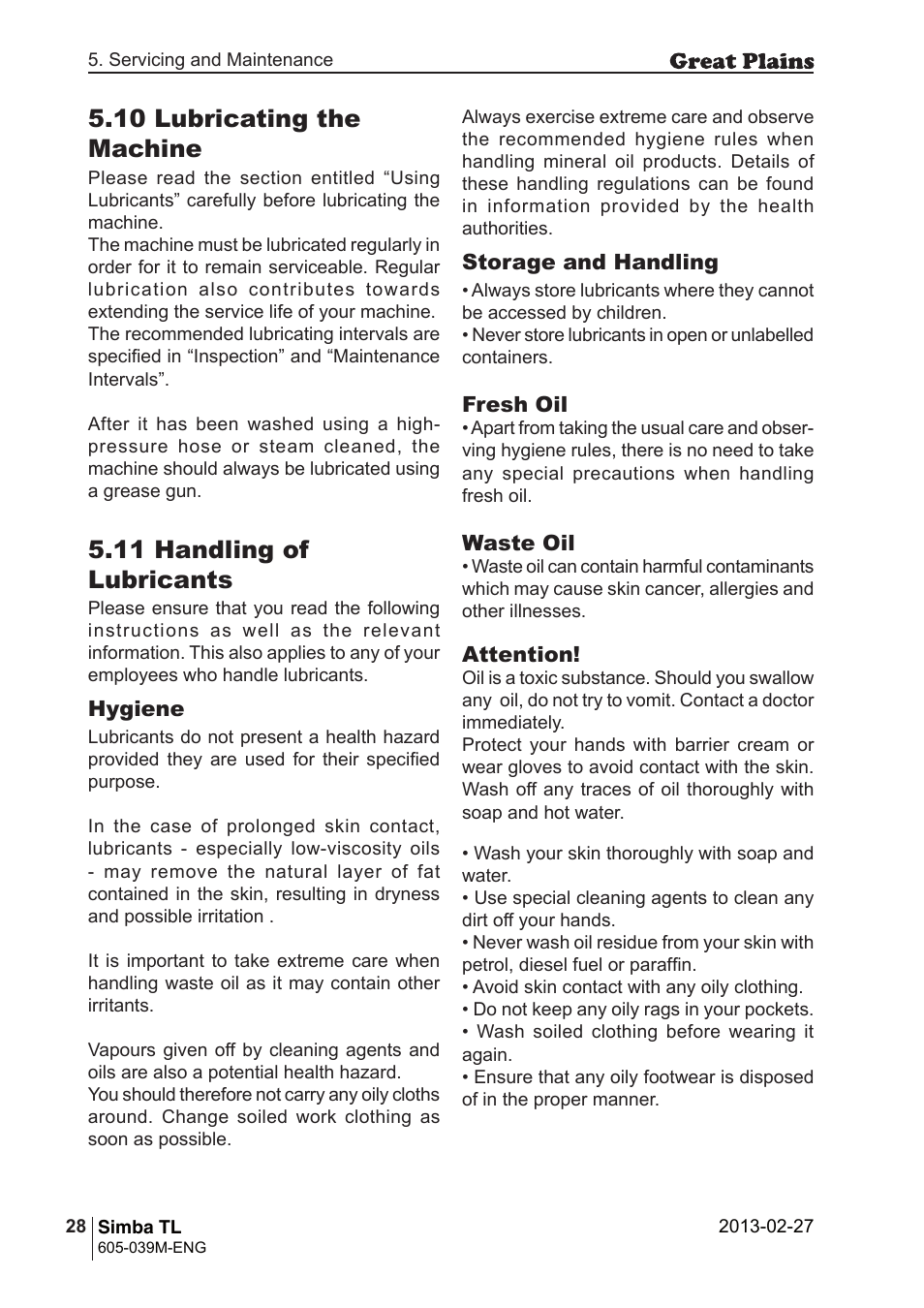 10 lubricating the machine, 11 handling of lubricants | Great Plains TL350 Operator Manual User Manual | Page 28 / 32